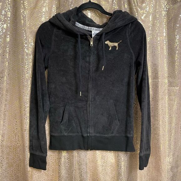 Vintage Y2K PINK Love Pink black zip up gold sequin bling hoodie sweater XS - Picture 2 of 6